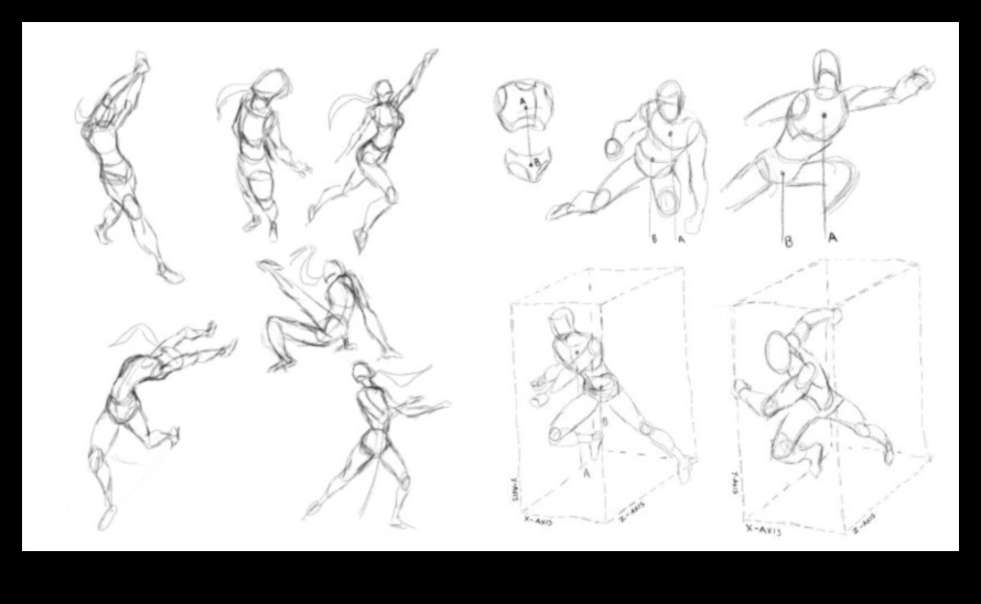 Dinamiskās pozas, veidojot kustību attēlu zīmējumos 2 Dinamiskās pozas: kustību veidošana figūru zīmējumos